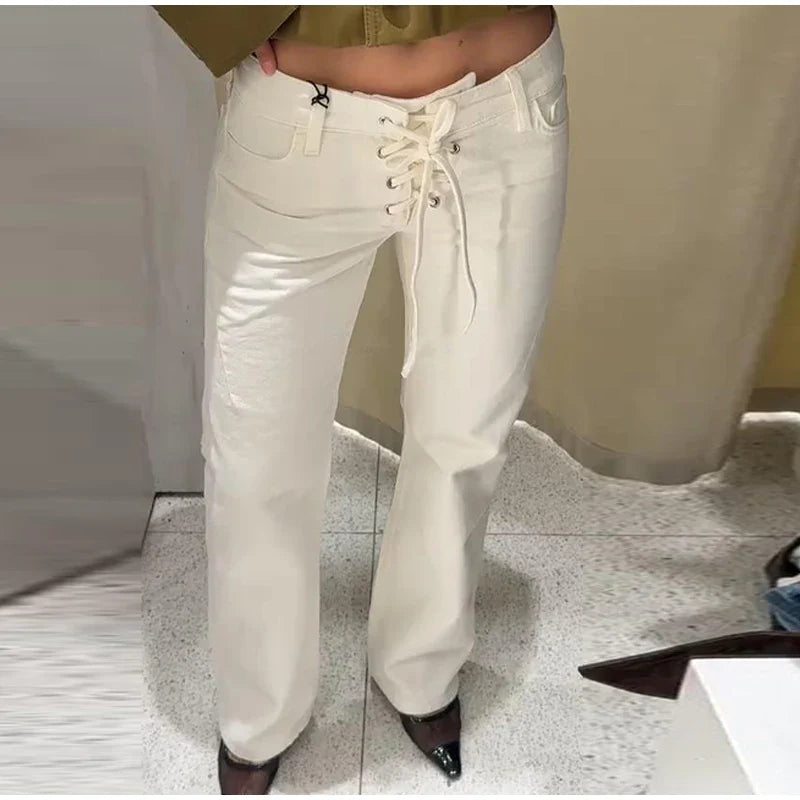 White Lace Up Jeans