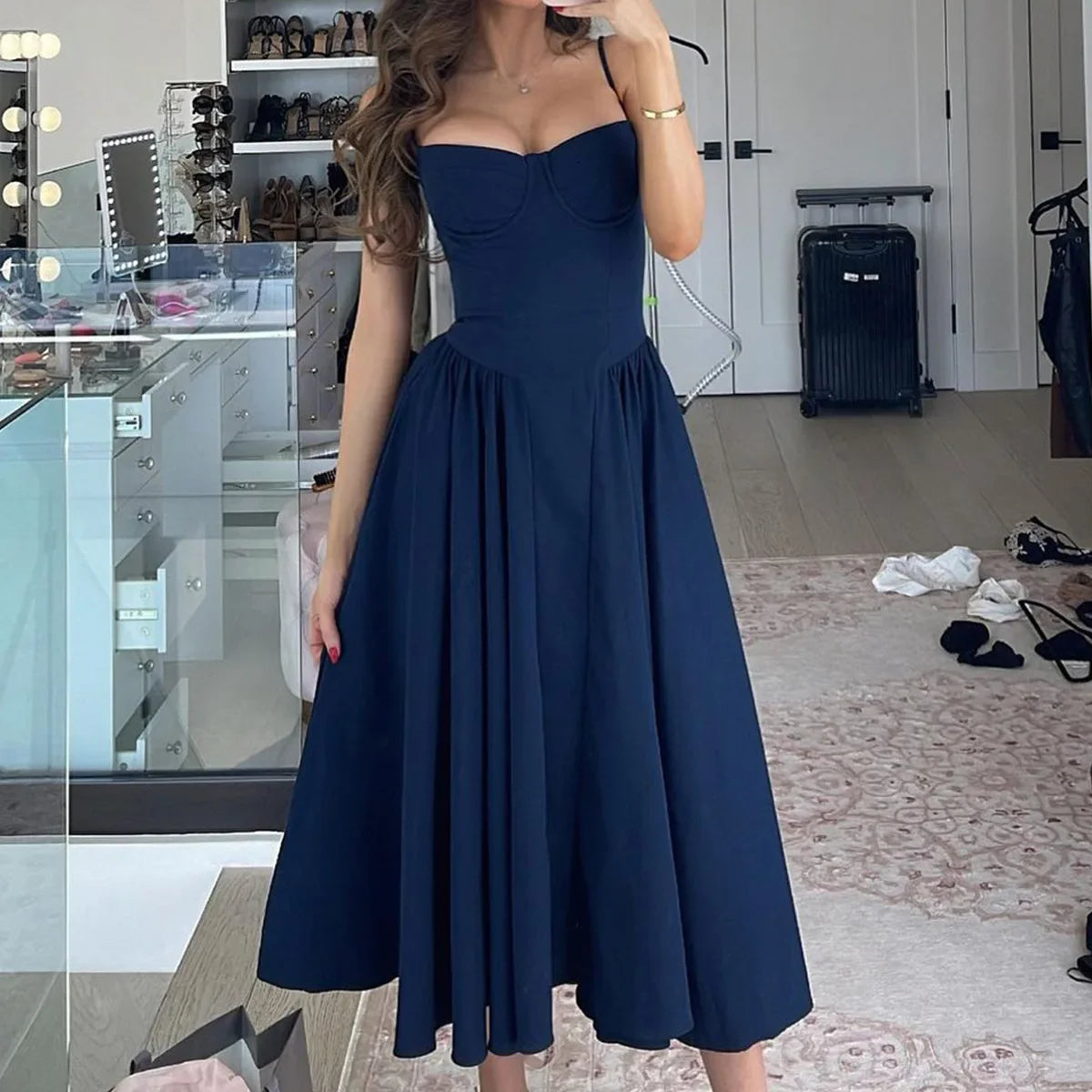 Solid Spaghetti Strap Bustier Pleated Midi Dress