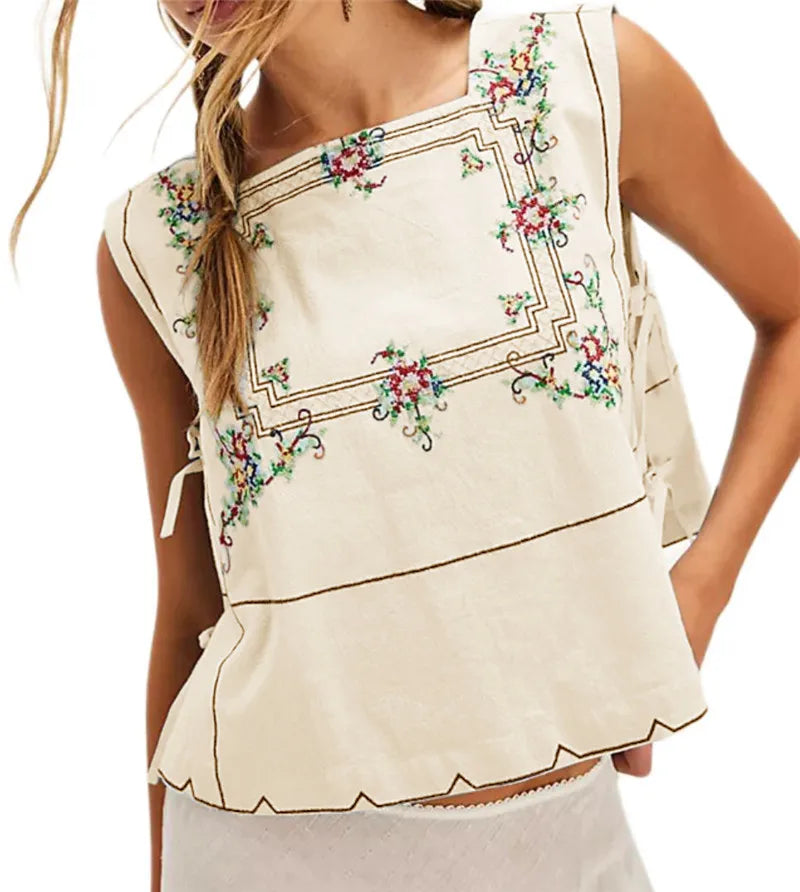 Embroidery Flower Side Tie Tank Top