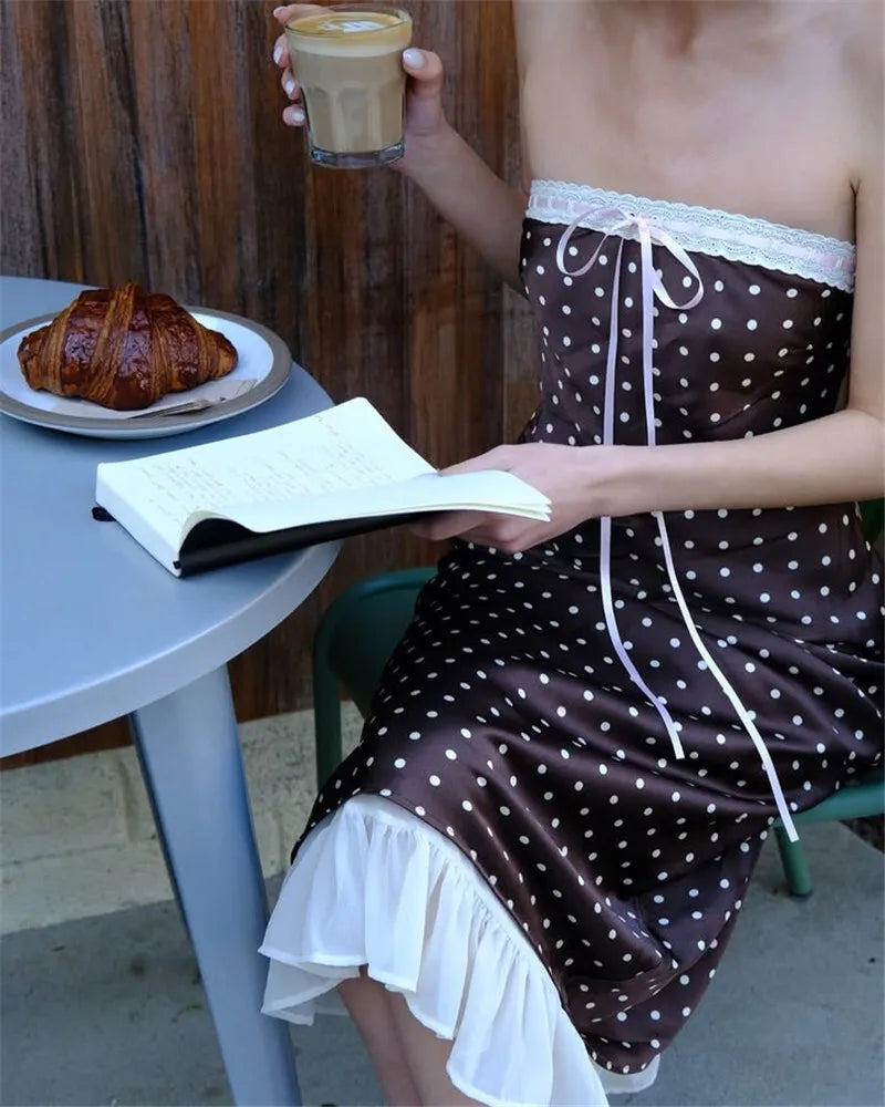 Brown Satin Polka Dot Strapless Midi Dress