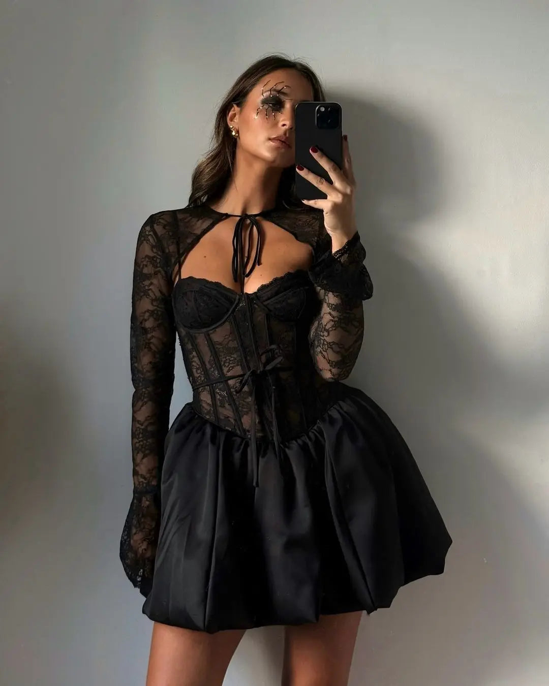 Black Lace Removable Sleeve Puff Mini Dress