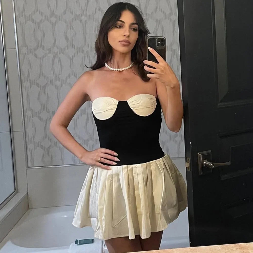 Black N White Strapless Pleated Mini Dress