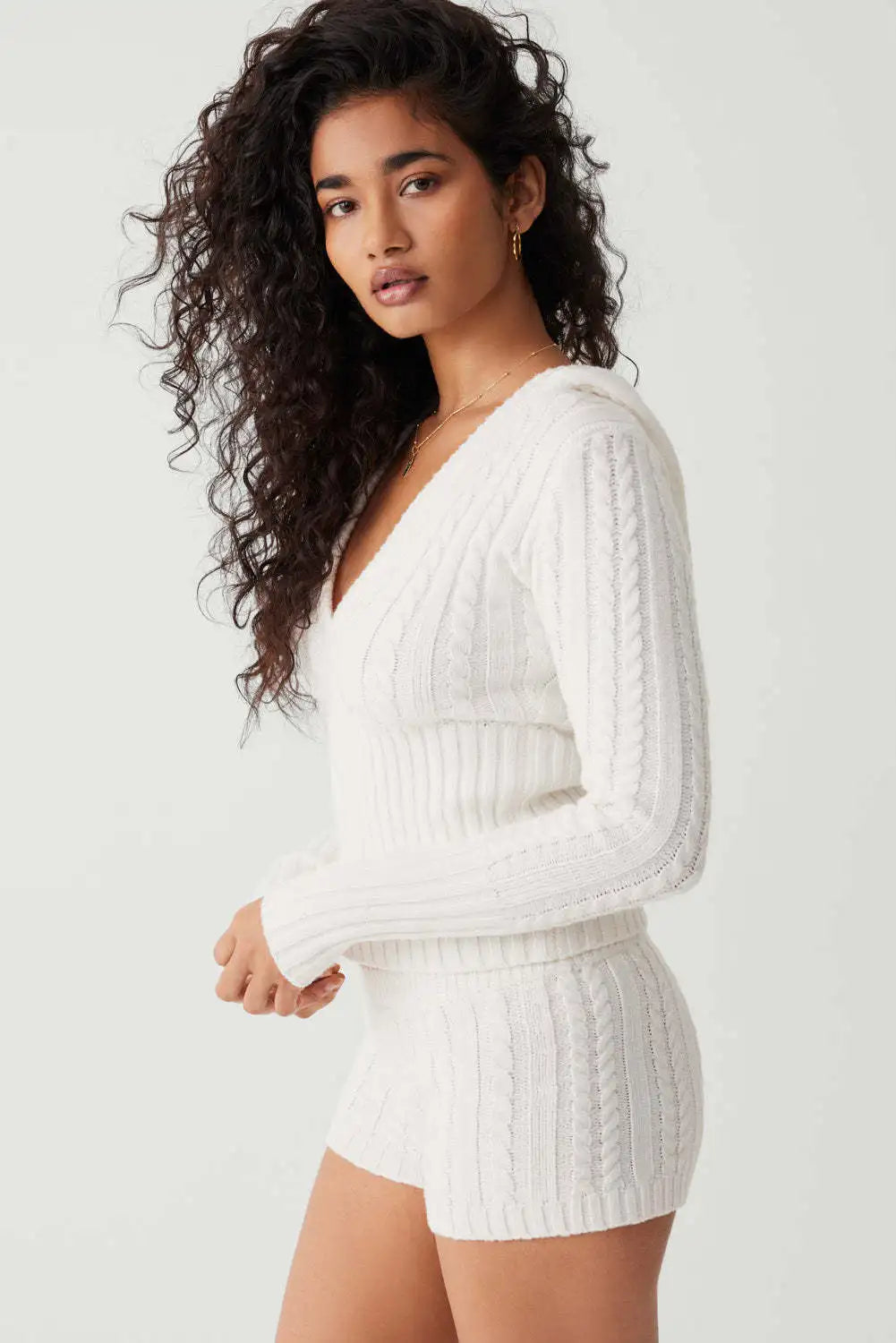 Long Sleeve Knitted V-Neck Hooded Sweater And Shorts Set
