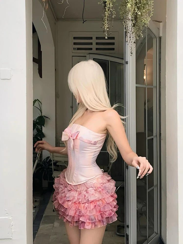 Strapless Corset Top And Ruffles A-line Mini Skirt Set