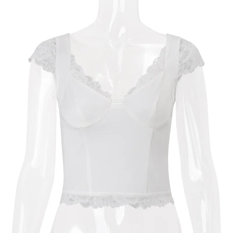 White Lace Trim Short Sleeve Top