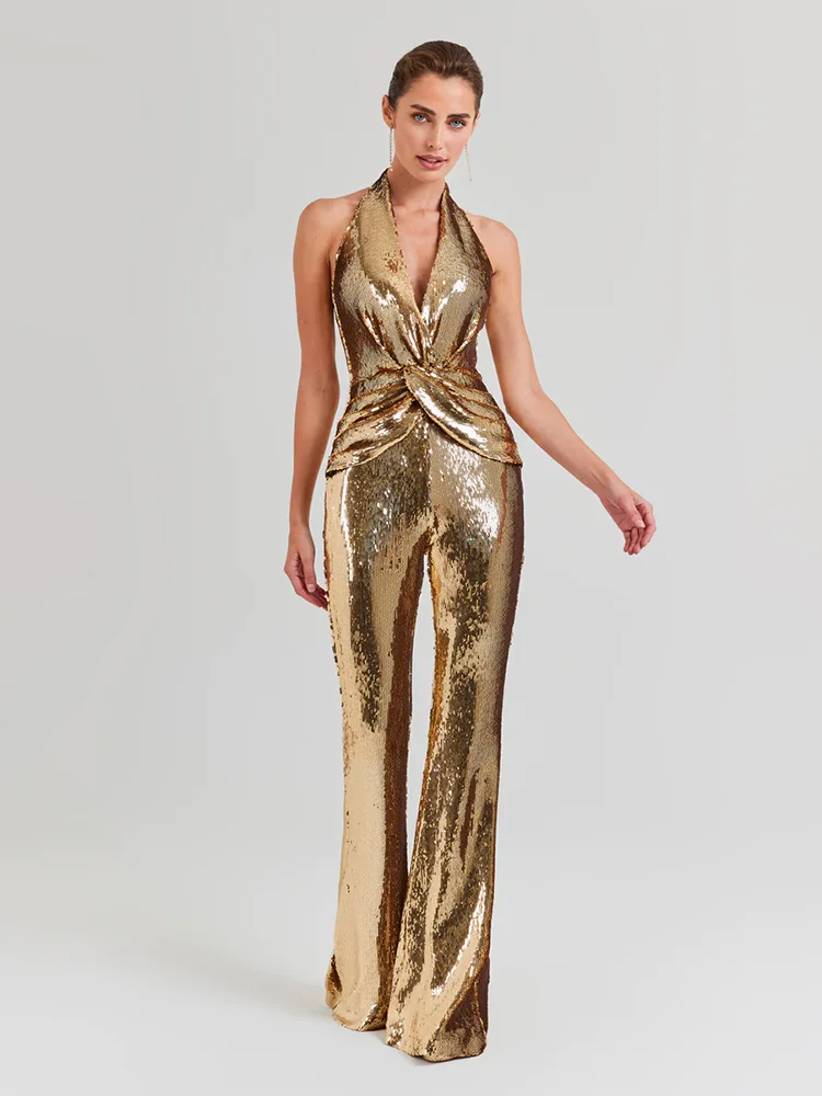 Gold Sequin Halter Jumpsuit