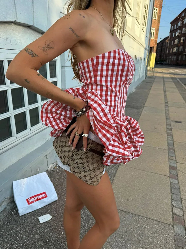 Red And White Checkered Print Strapless Top