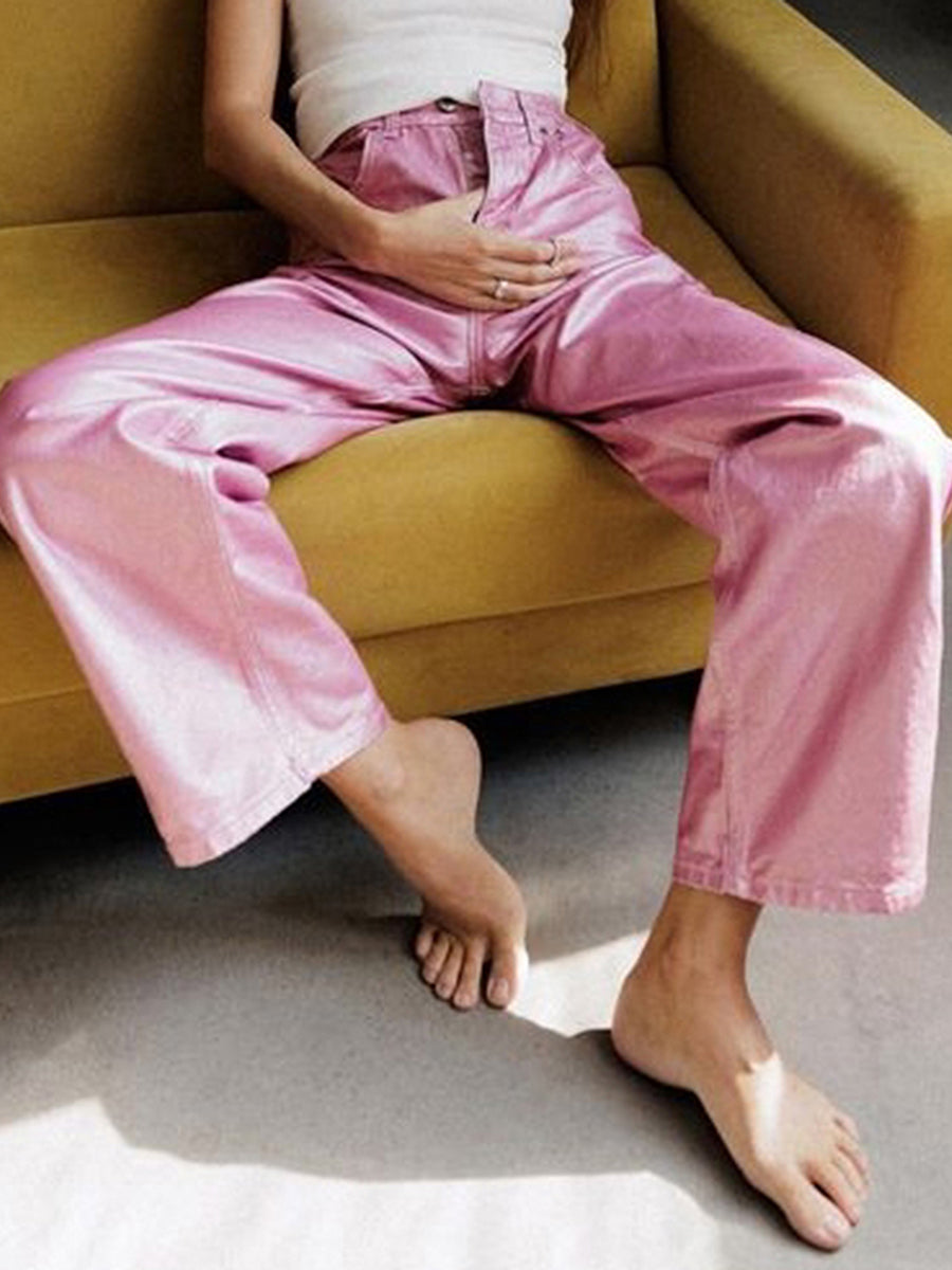 Metallic High Waist Denim Straight Leg Pants