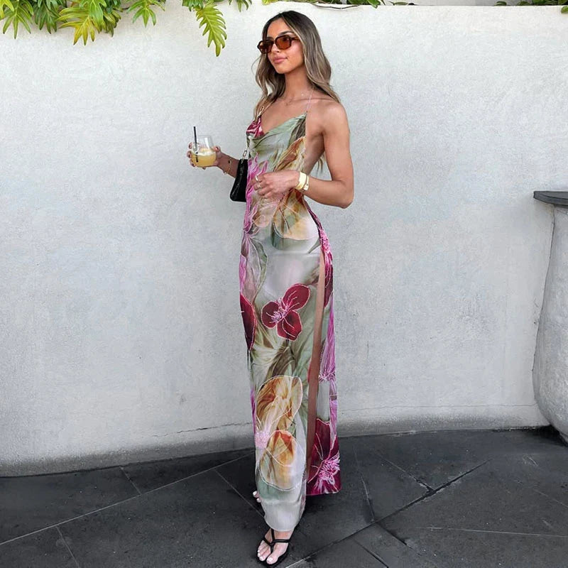 Printed Embroidered Cami Maxi Dress â€?Halter Neck Style