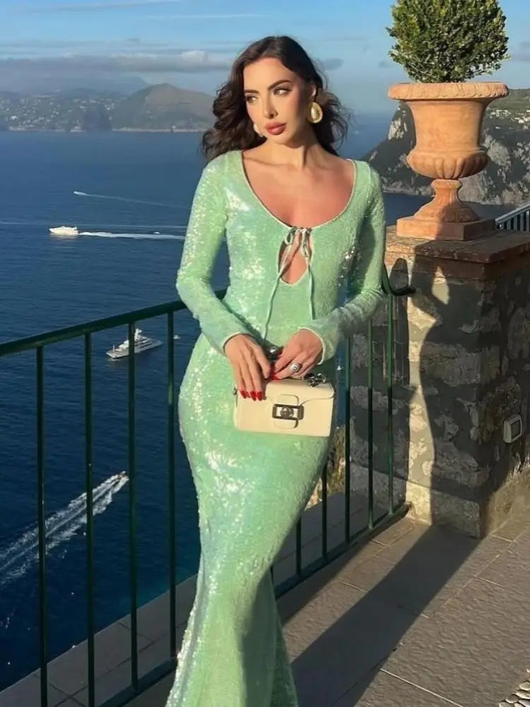 Green Sequin Long Sleeve Maxi Dress
