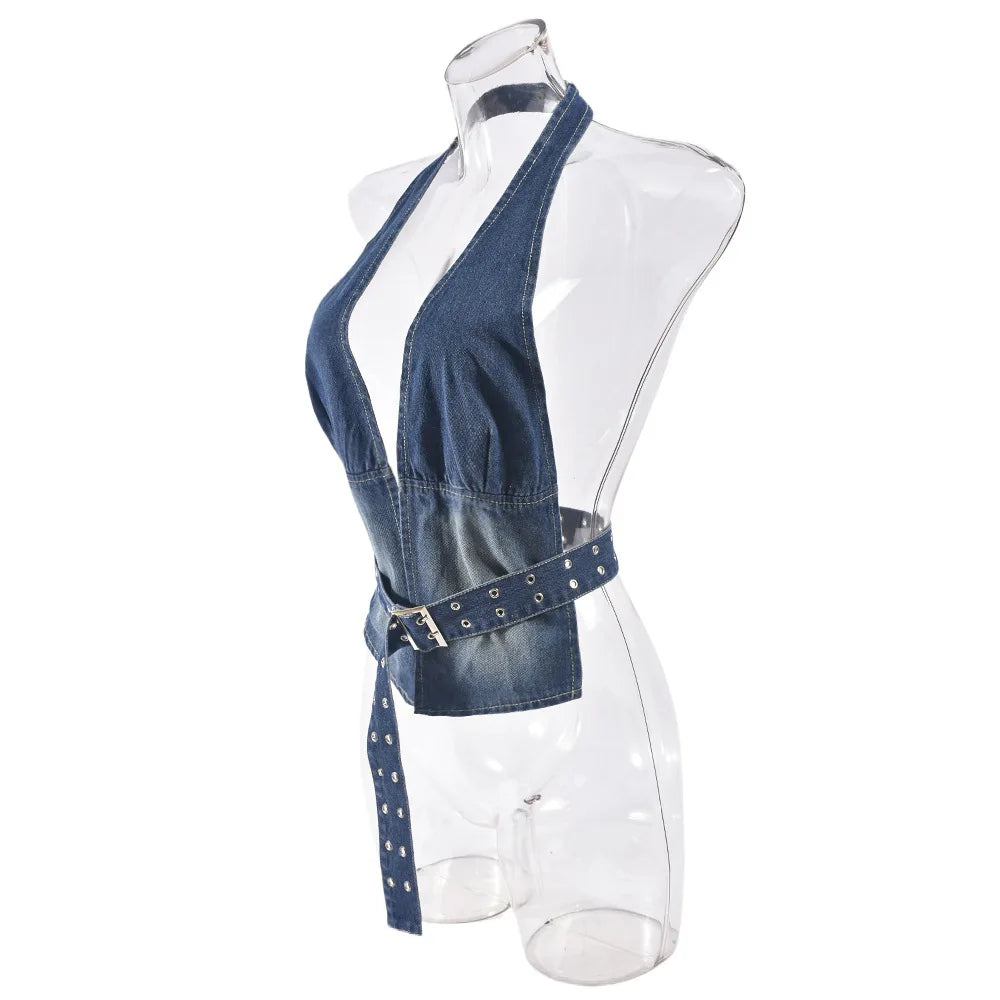 Denim Strap Plunge Open Back Halter Top