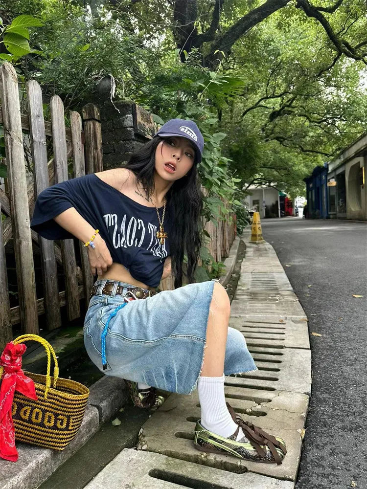 Blue East Cost Off Shoulder Graphic T Shirts