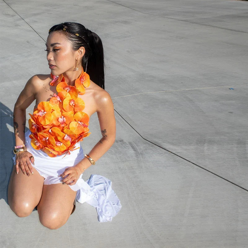 Orange 3D Floral Orchid Top - High Street Regular Fit