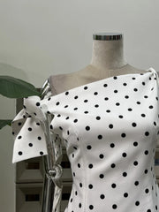 White Polka Dot Tie Up One Shoulder Mini Dress