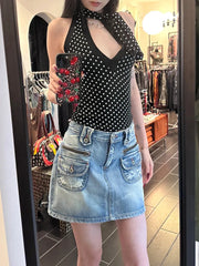 Black Polka Dot Cut Out Tie Up Top