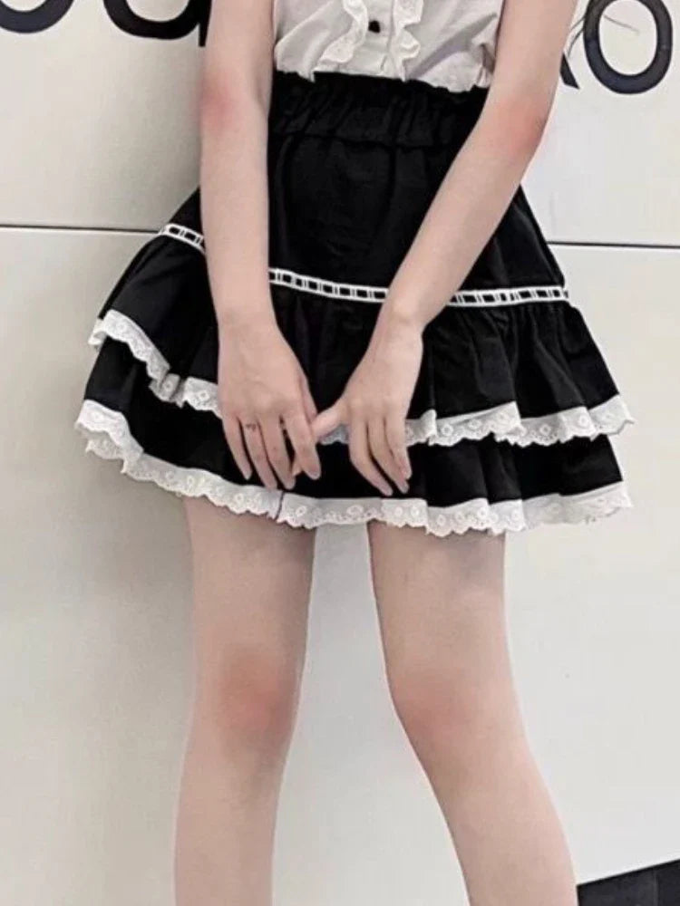 Black Lace Trim Ruffles Mini Skirt