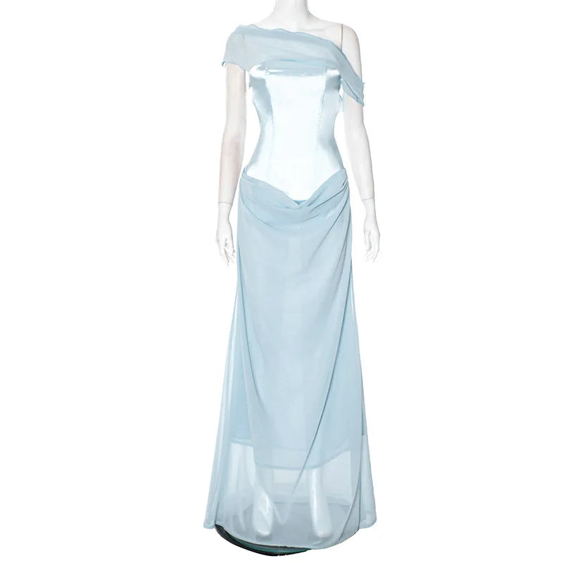Blue Satin Corset Chiffon Off-shoulder Maxi Dress