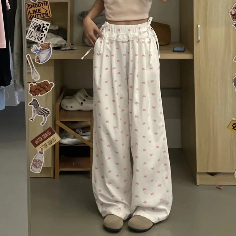 Bow Printed Wide Leg Pants