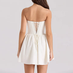 White Solid Flare Bustier Mini Dress - A-Line Fit