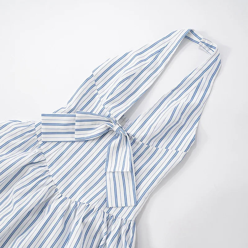 Blue Stripe Deep Neck Maxi Dress