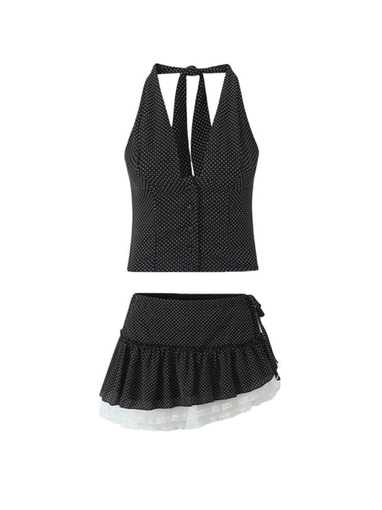 Black Polka Dot Halter Crop Top And Mini Skirt Set