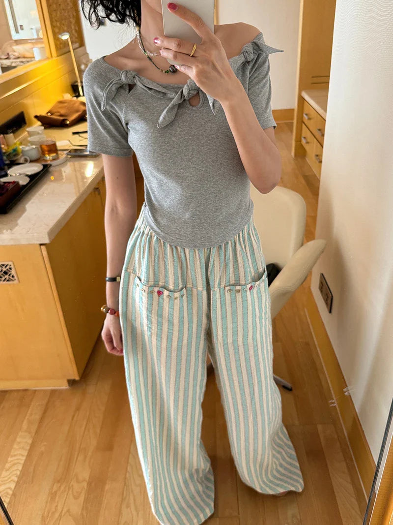 Blue Striped Wide Leg Pants