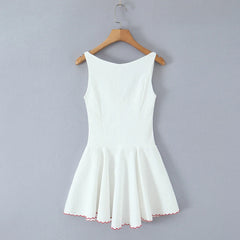 White Embroidery Red Flower Lapel V neck Mini Dress