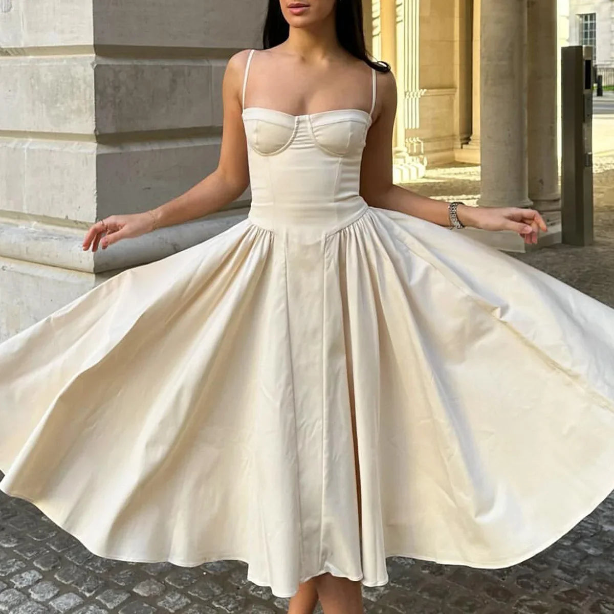 Solid Spaghetti Strap Bustier Pleated Midi Dress