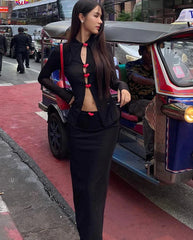 Black Mesh Top And Maxi Skirt Outfit Set