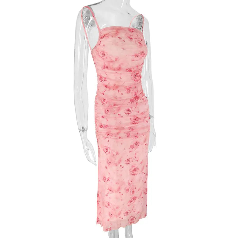 Pink Rose Printed Ruched Midi Dress