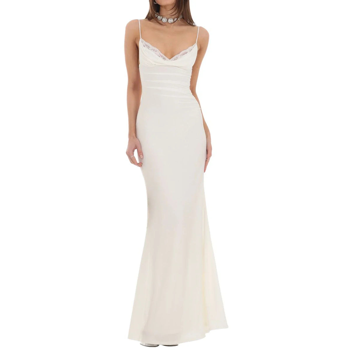 Solid Lace Trim Cowl Neck Maxi Dress