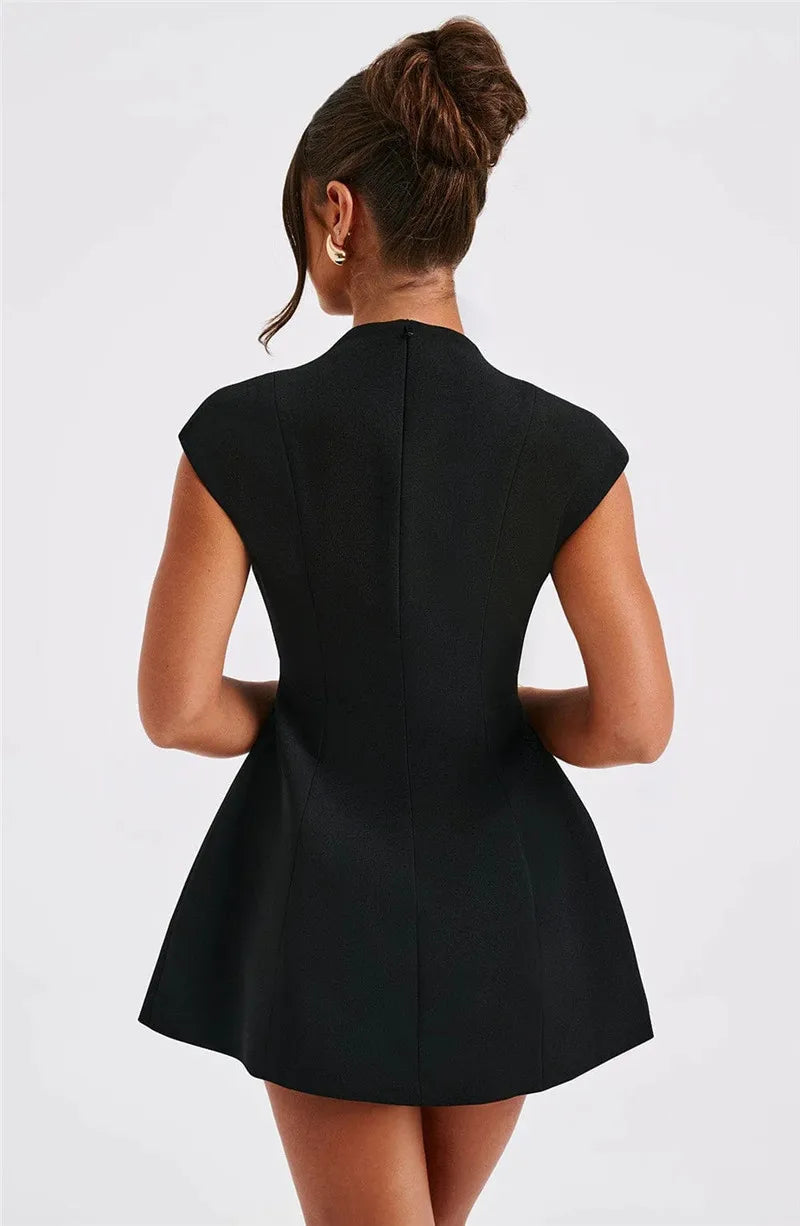 Black Deep Neck Short Sleeve Mini Dress