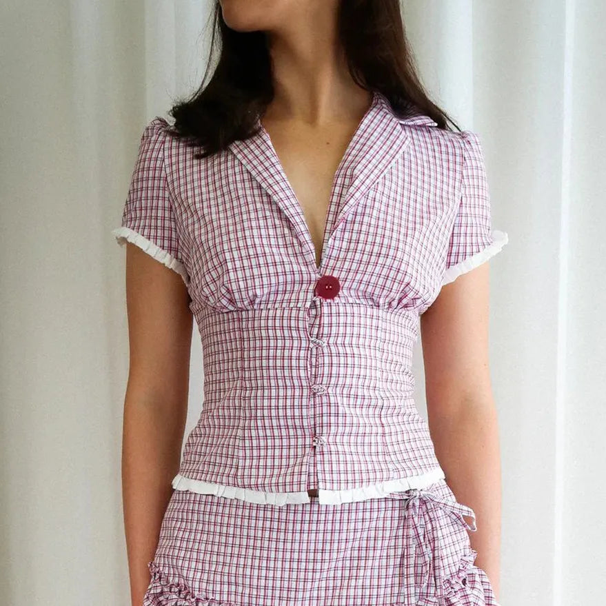 Plaid Button Down Lace Trim Top
