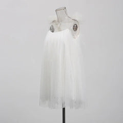 White Mesh Flower Appliqués Frill Mini Dress