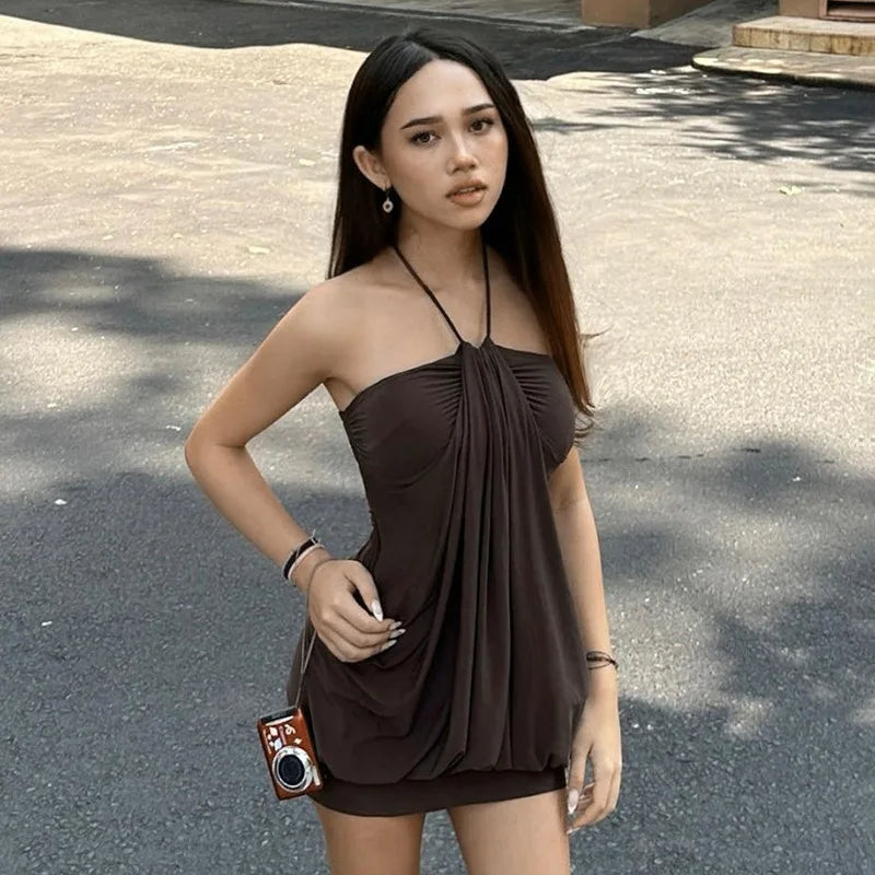 Brown Halter Strap Puff Mini Dress