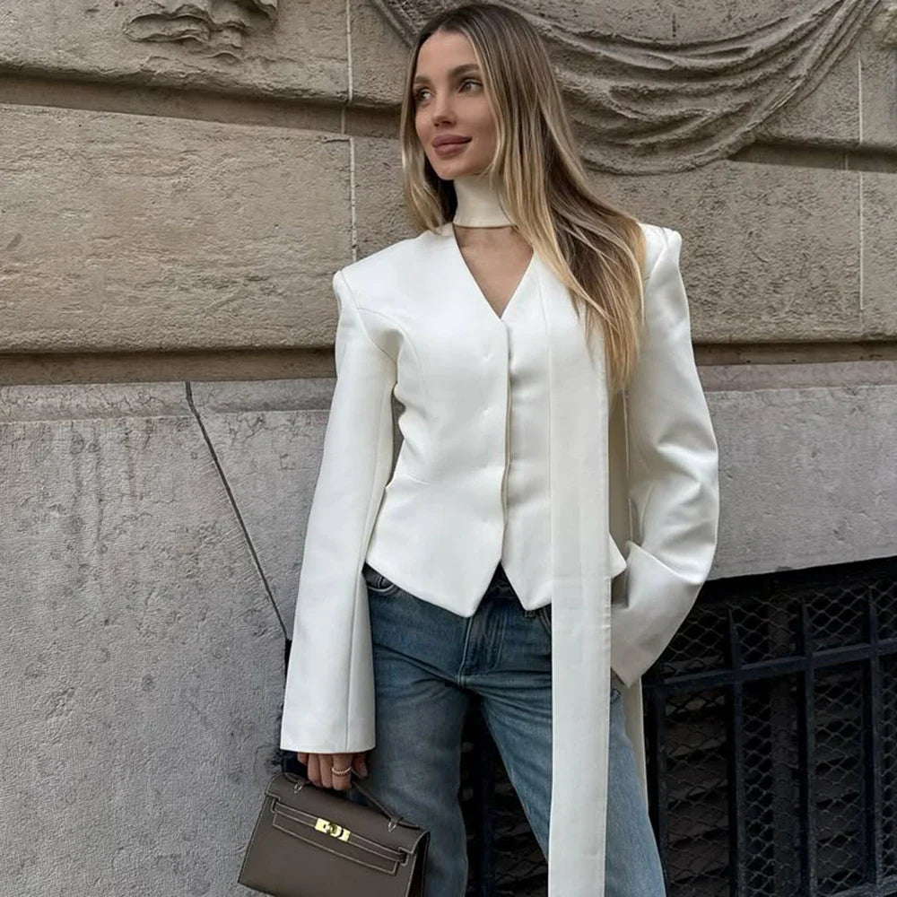 Stripe Tailored Coat With Scarf Top