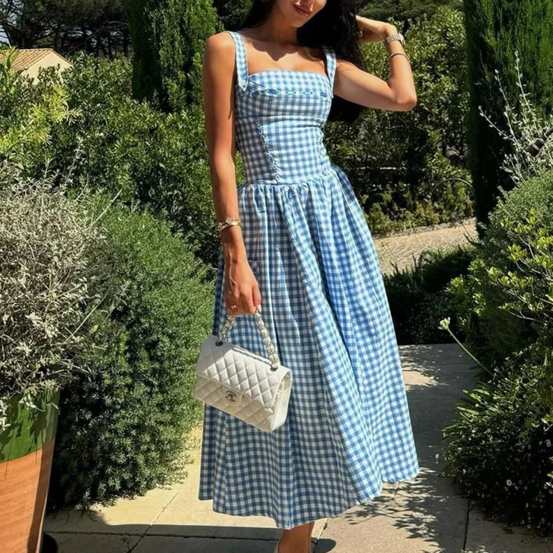 Blue Plaid Ribbon Lace Up Strap Midi Dress
