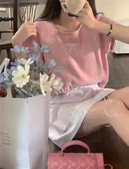 Round Neck Bow Print Short Sleeved Knitted Top
