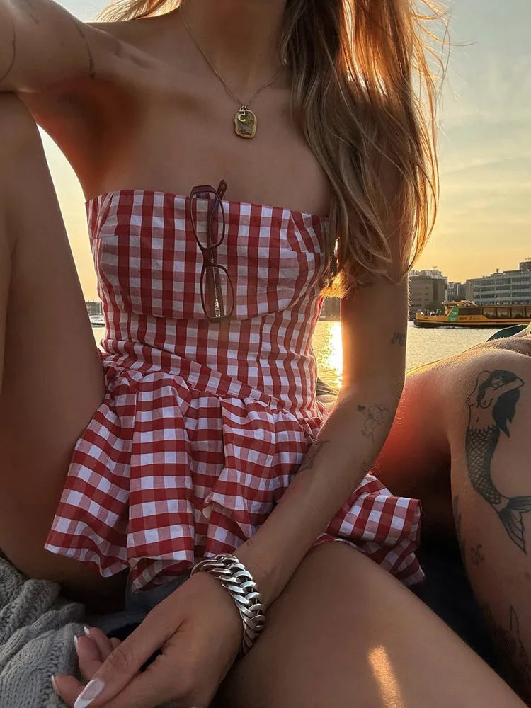 Red And White Checkered Print Strapless Top