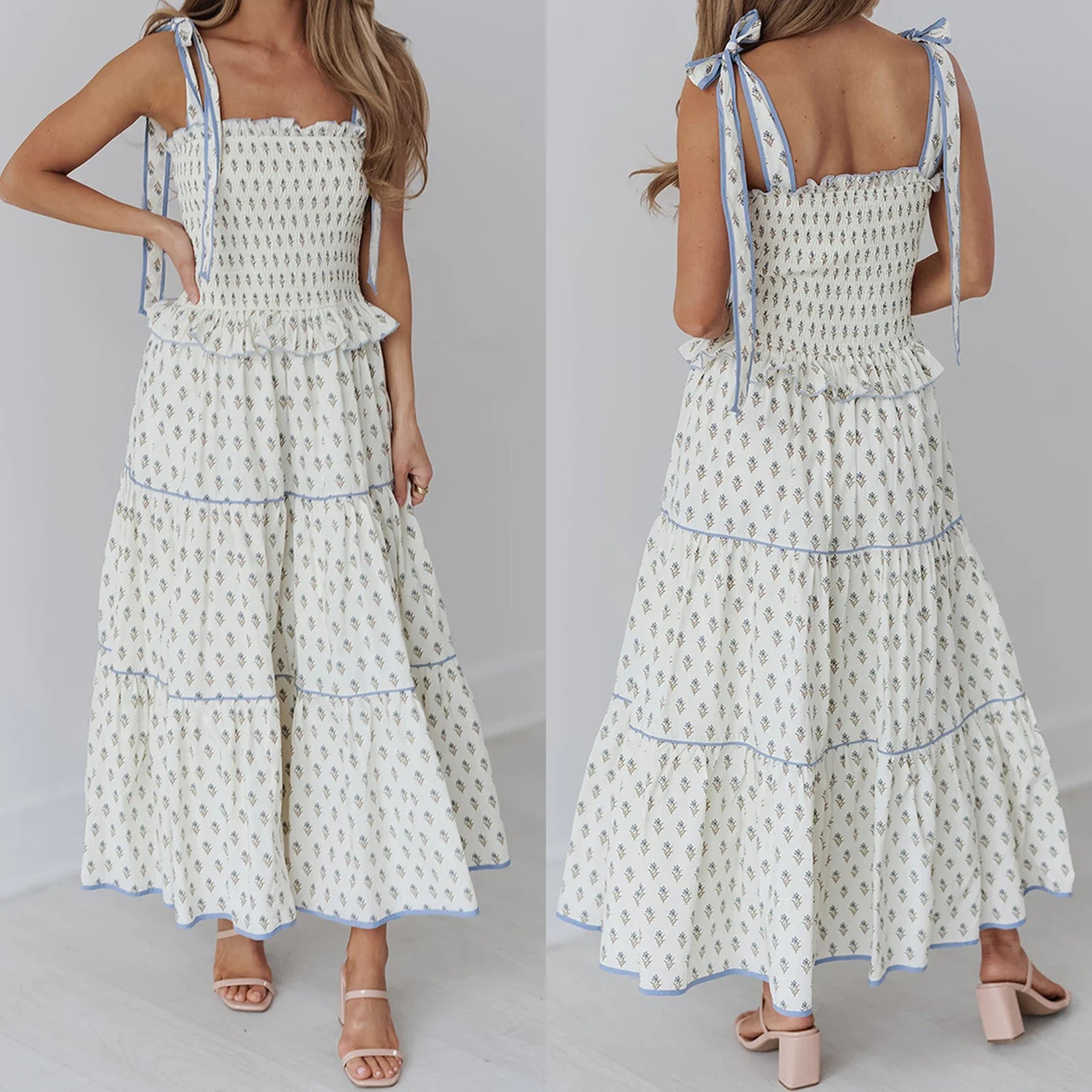 White Floral Print Tie-Up Smocked A-Line Long Dress - Square Neck