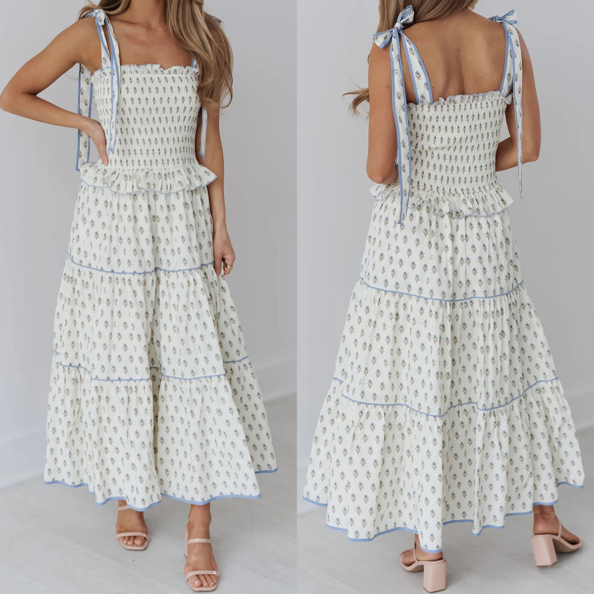 White Floral Print Tie-Up Smocked A-Line Long Dress - Square Neck