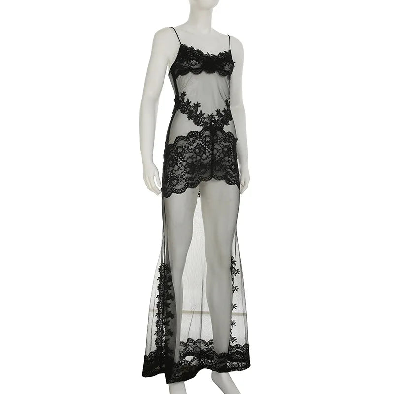 Mesh Lace Patchwork Spaghetti Strap Midi Dress