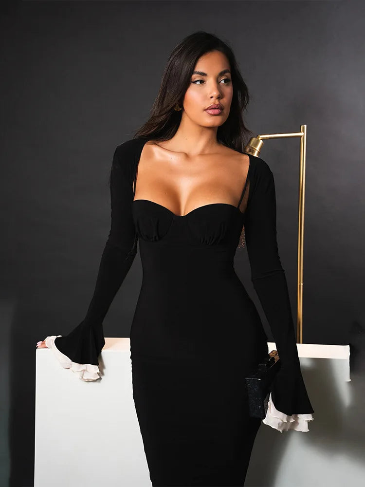 Solid Long Flared Two-piece Crop Sleeve Midi Dress