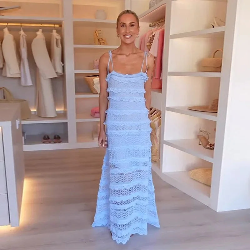 Blue Ruffle Tie Up Strap Long Dress