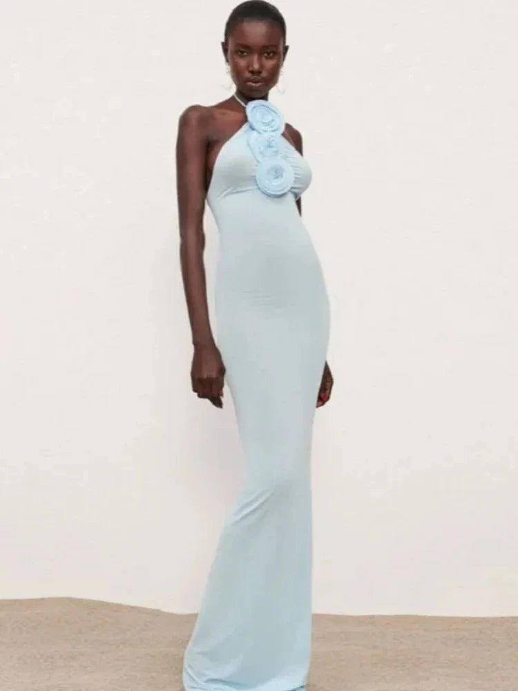 Blue Halter Neck 3D Flower Bodycon Long Dress