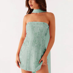 Sequin Strapless Mini Dress with Scarf