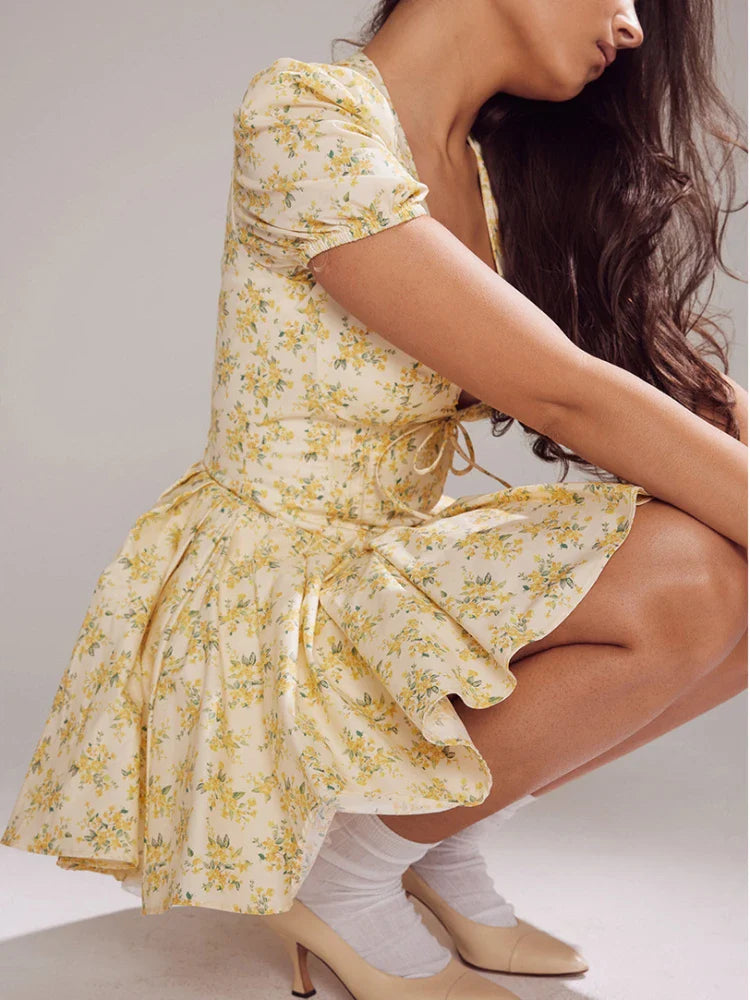 Yellow Floral Puff Sleeve Mini Dress