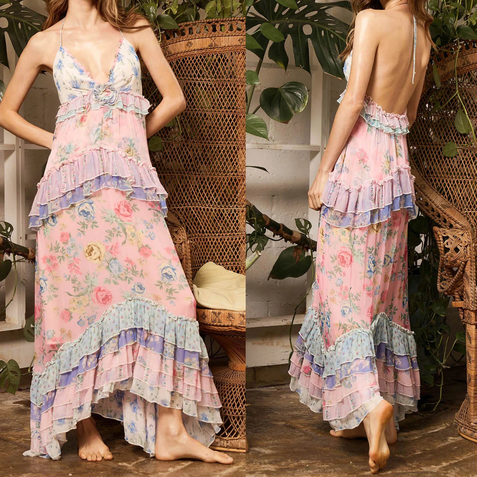 Floral Print Multi-Layered Ruffles V Neck Maxi Dress