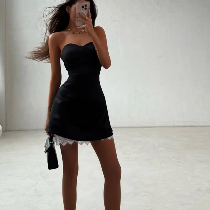 Strapless Satin Mini Dress - Casual Slim Fit