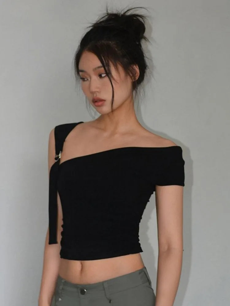 Asymmetric Strap Buckle Sleeve Crop Top